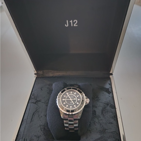 Chanel Diamond steel black watch 6” wrist J12 & Magazine  by Chanel - Picture 11 of 14